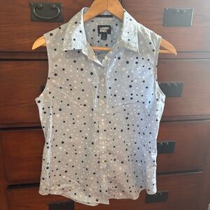 Lands End Star Patterned Sleeveless No Iron Button Down Blouse Sz Small (6-8)
